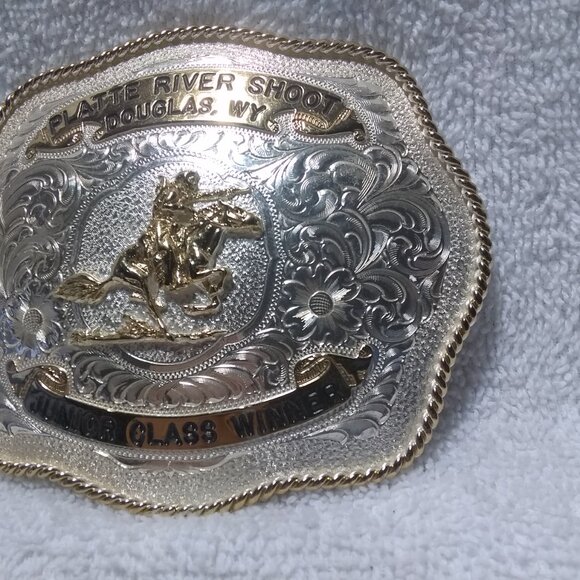 AQHA CMSA Cowboy Mounted Shooting Association Trophy Buckle Platte River Shoot - Picture 3 of 11